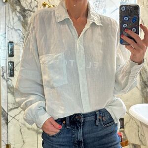 WeWoreWhat | M/L | light wash teal linen Boyfriend Shirt swim cover up linen